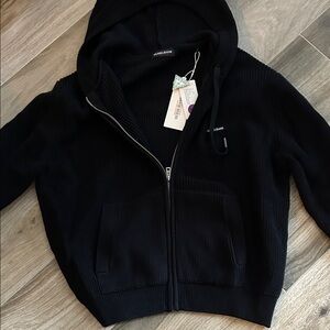 Guess Black Waffle Knit Zip-Up Hoodie size large NWT